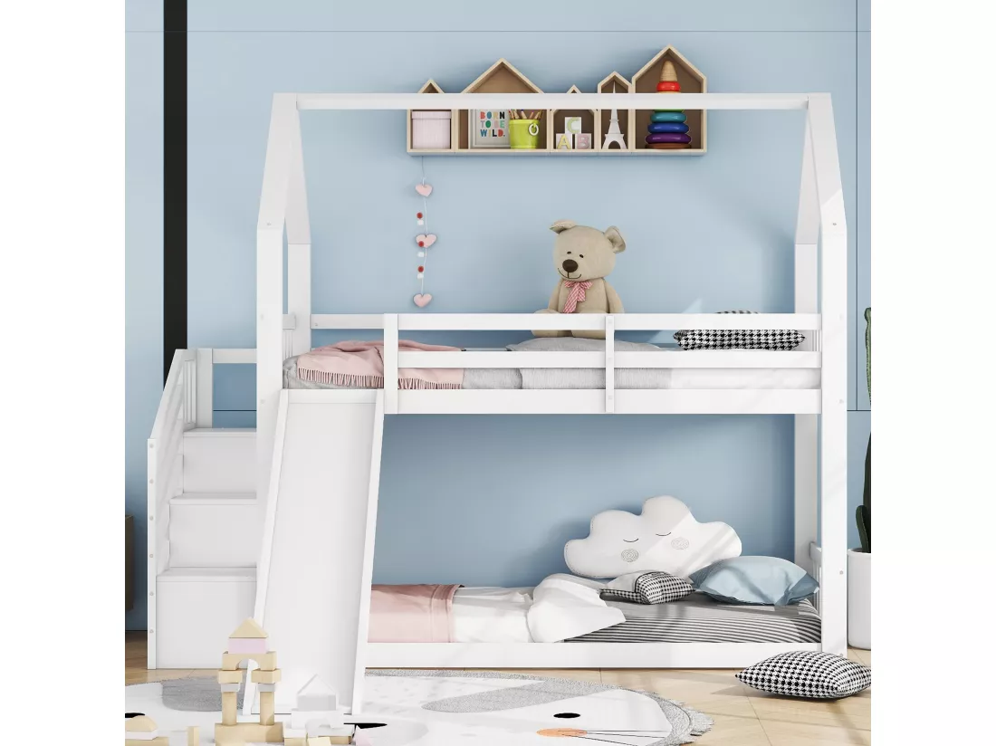 Lit superposé 90x200cm - lit cabane enfant avec escalier de rangement et toboggan, 1x sommier à lattes - blanc