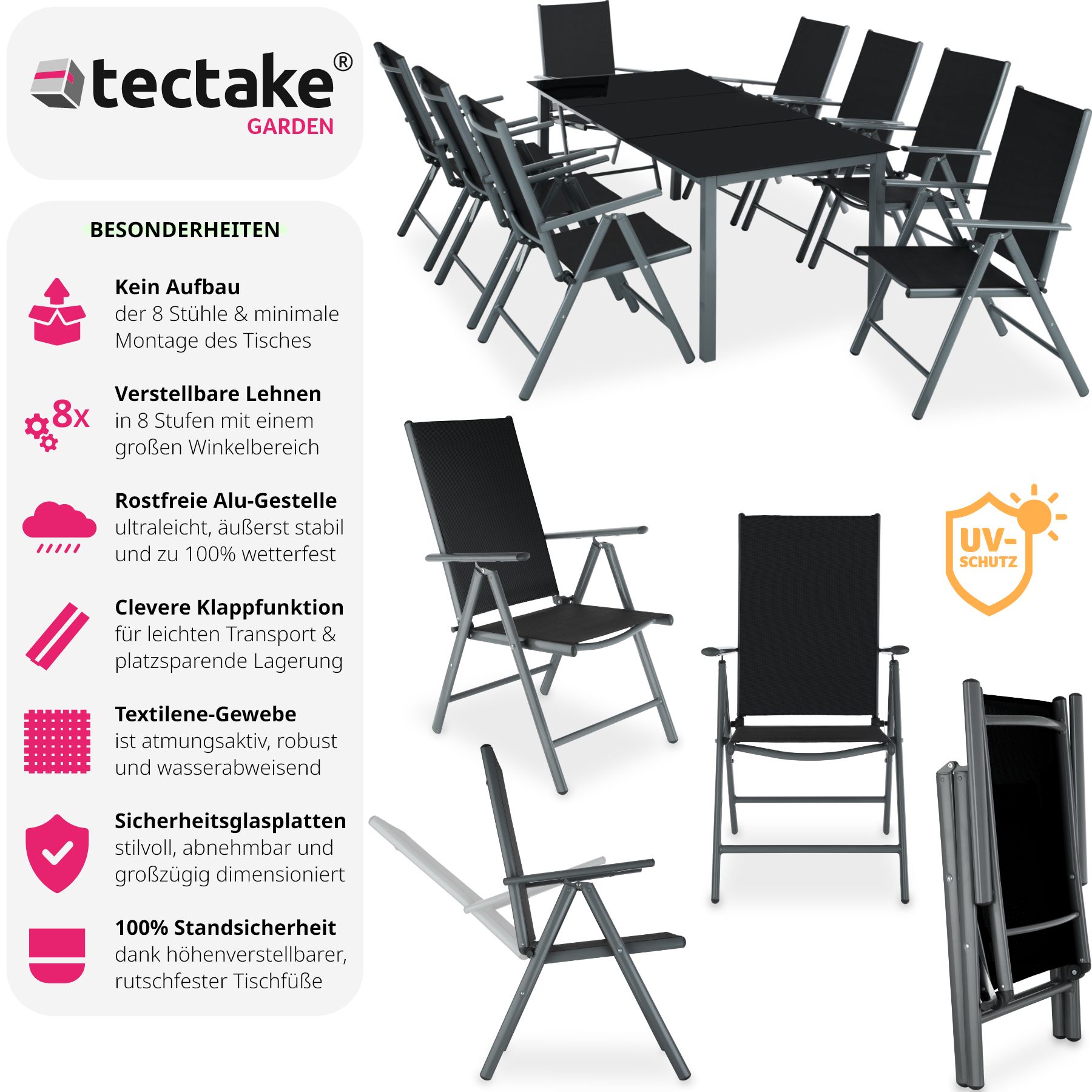 tectake® Sitzgruppe, mit Aluminiumgestell, für 8 Personen, UV-beständig, Tisch mit Sicherheitsglasplatten und Ausgleichsschrauben