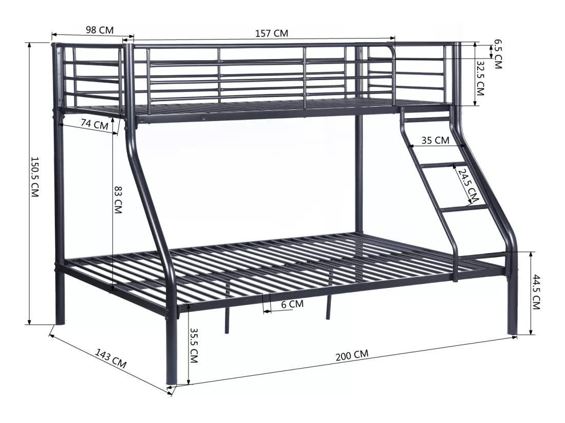 Meubles Cosy Lit superposes Lit surélevé pour 3 Personnes Sommier inclus 90x190 et 140x190cm Métal laqué Noir Style Industriel