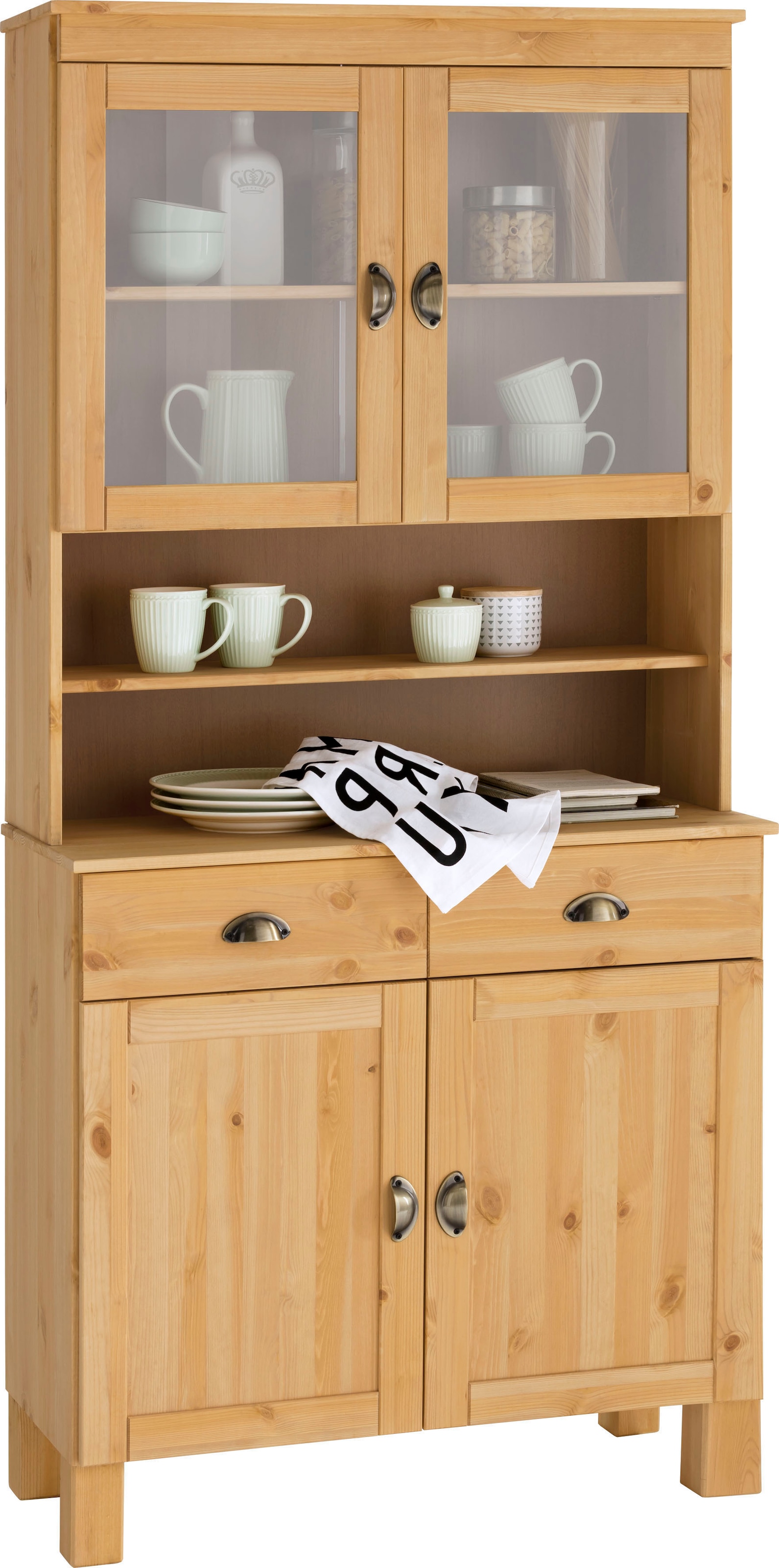 Home affaire Küchenbuffet »Oslo« 85 cm breit, aus massiver Kiefer, mit 2 Glastüren, Metallgriffe