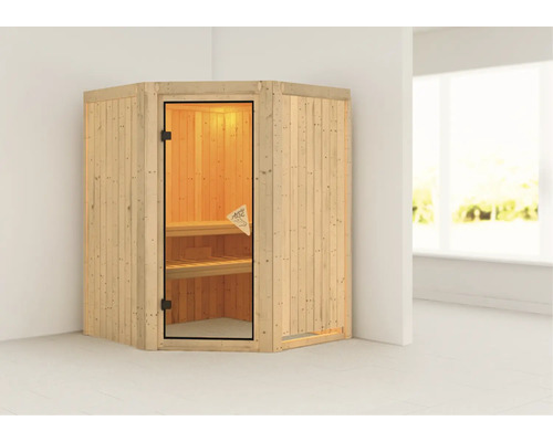 Plug & Play Sauna Karibu Kanja zonder kachel en dakrand met gebronsde volledig glazen deur