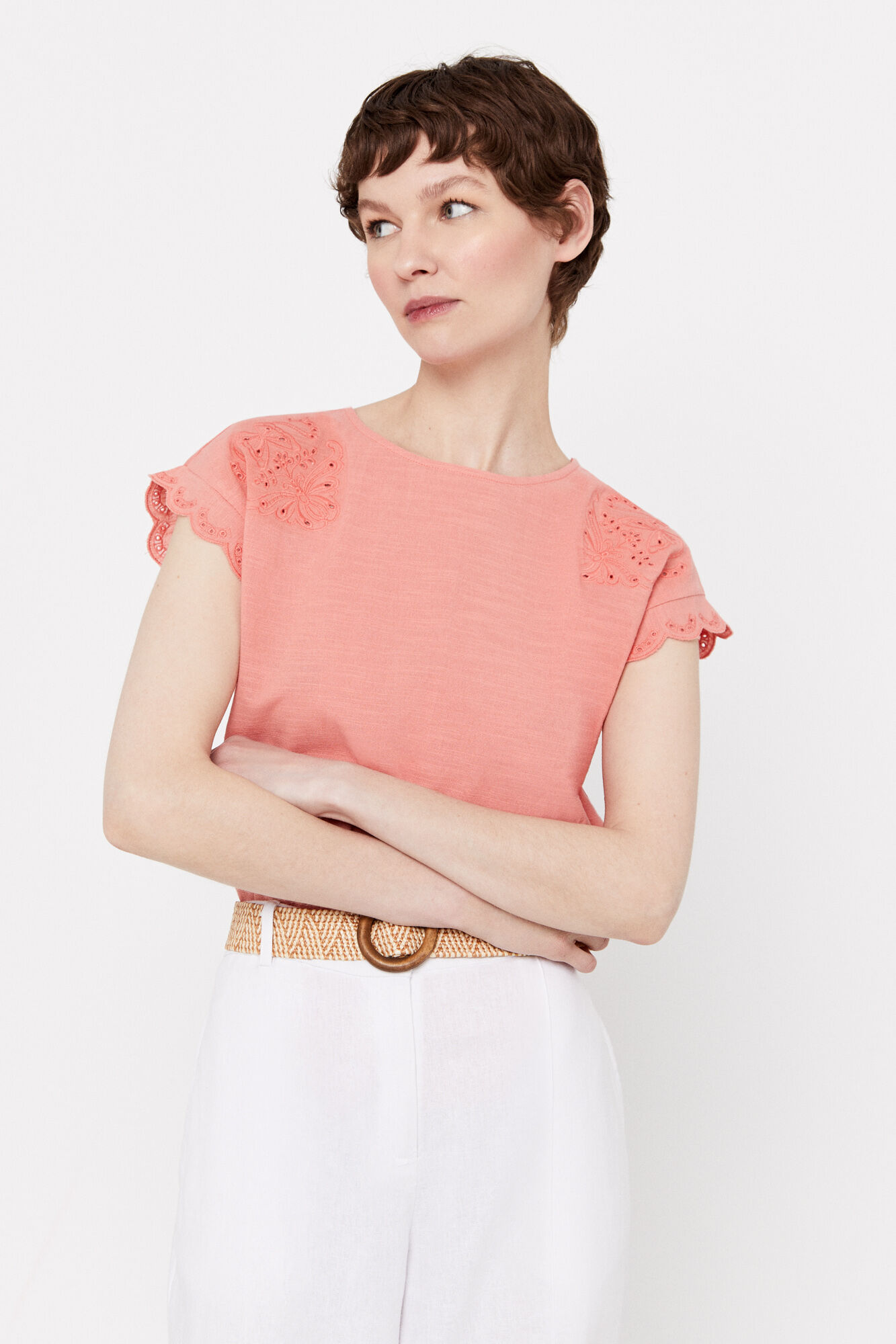 Top bordado com borboletas - Coral