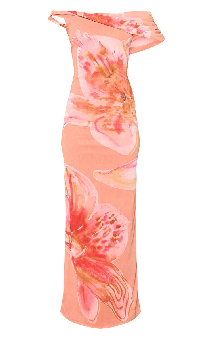 Orange Robe Longue Asymétrique Drapée À Imprimé Floral