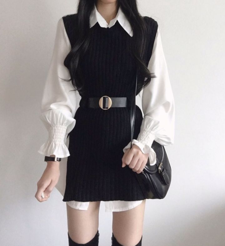 Leoom - Set: Pofmouw Lang Shirt + Trui Vest