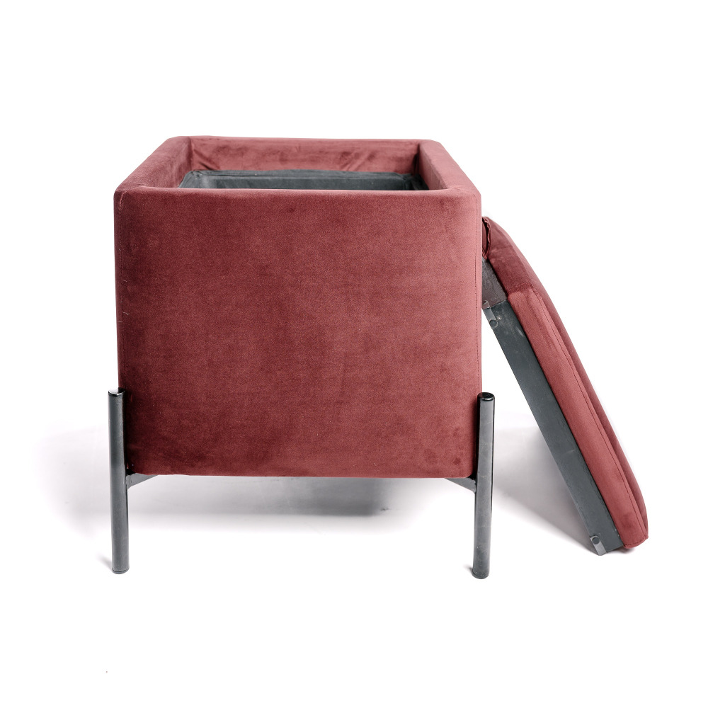 Pouf tabouret coffre de rangement, repose pied, convertible en table d'appoint bordeaux lie de vin 43x43x45cm