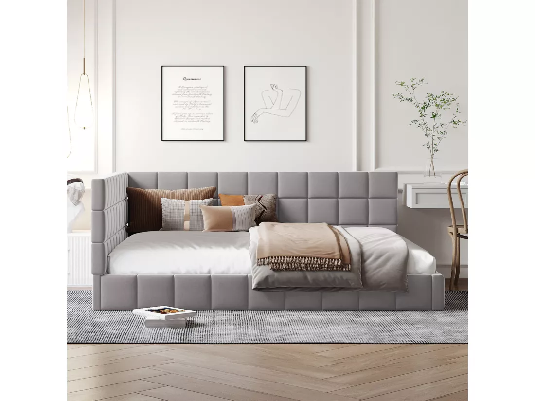 Lit gigogne capitonné 140x200cm, canapé-lit, sommier à lattes, lit adulte, velours, Gris
