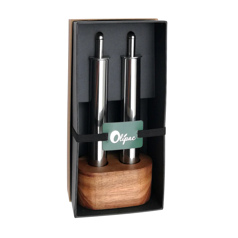 Set 2 pièces huile et vinaigre inox avec socle en bois IPAC