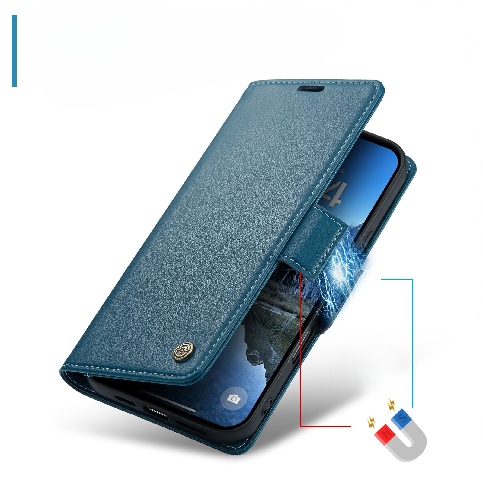 iPhone 17 Leder Tasche Flip Wallet Etui mit Kartenfächern Litchi Look (RFID Schutz) - Blaugrün