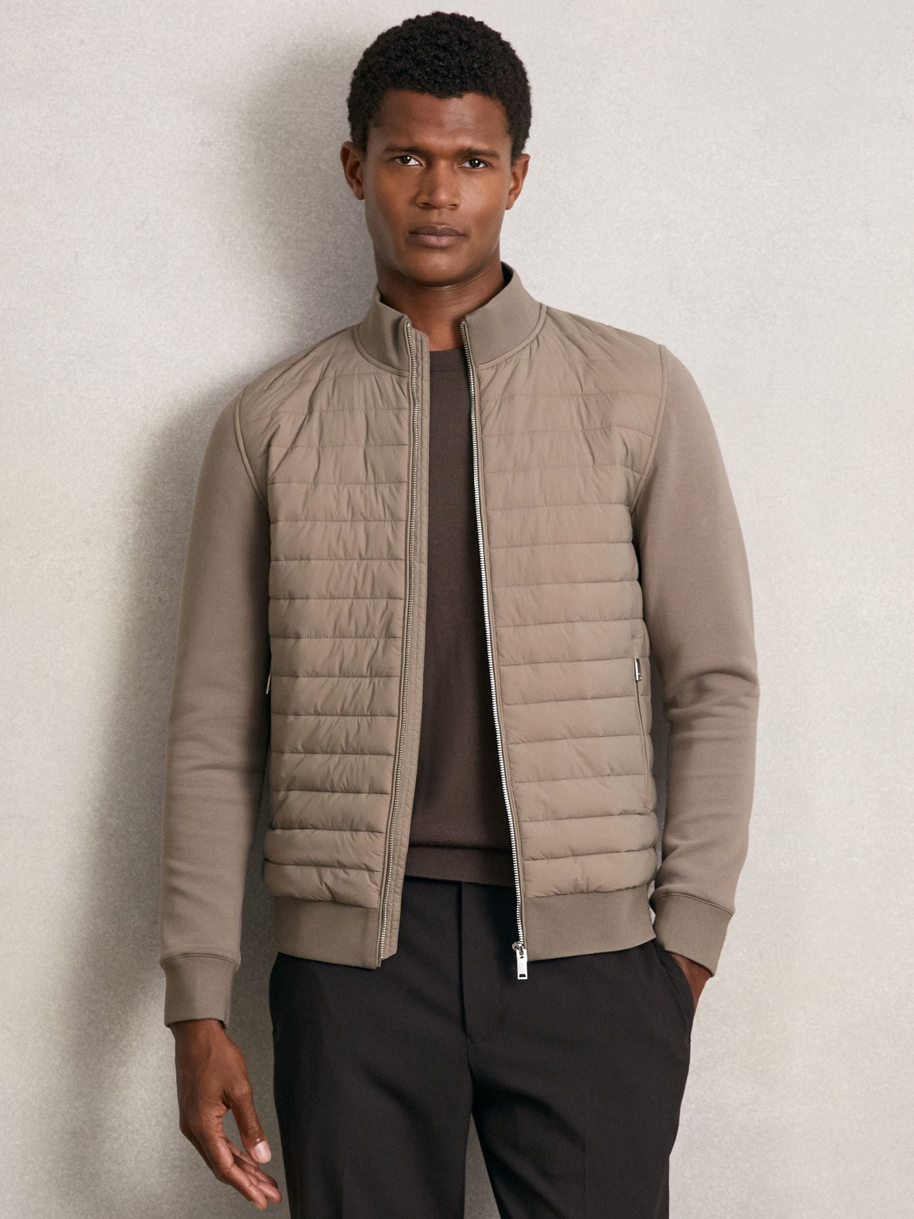 Taupe bruin - Reiss Freddie Hybrid gewatteerd en gebreid jack met rits