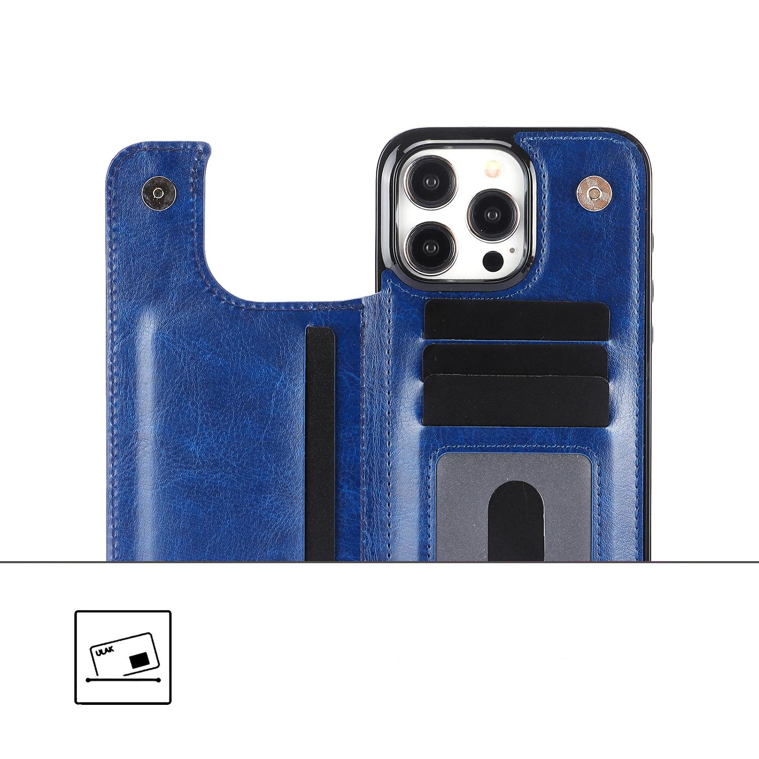 iPhone 15 Pro Hybrid Leder Hülle mit Kartenfach   Kickstand Aufsteller - Blau