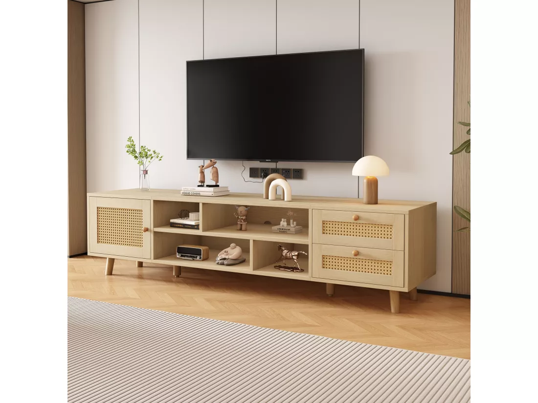 Meuble TV Premium 160 cm en rotin couleur bois brut pour téléviseur 70 pouces - gestion des câbles, 2 tiroirs, 1 porte