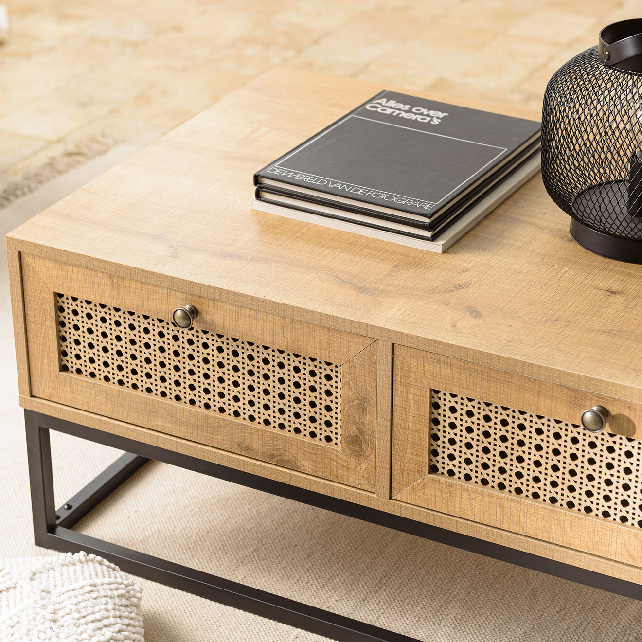 Macabane Table basse 4 tiroirs rotin marron - 90x60x40 cm