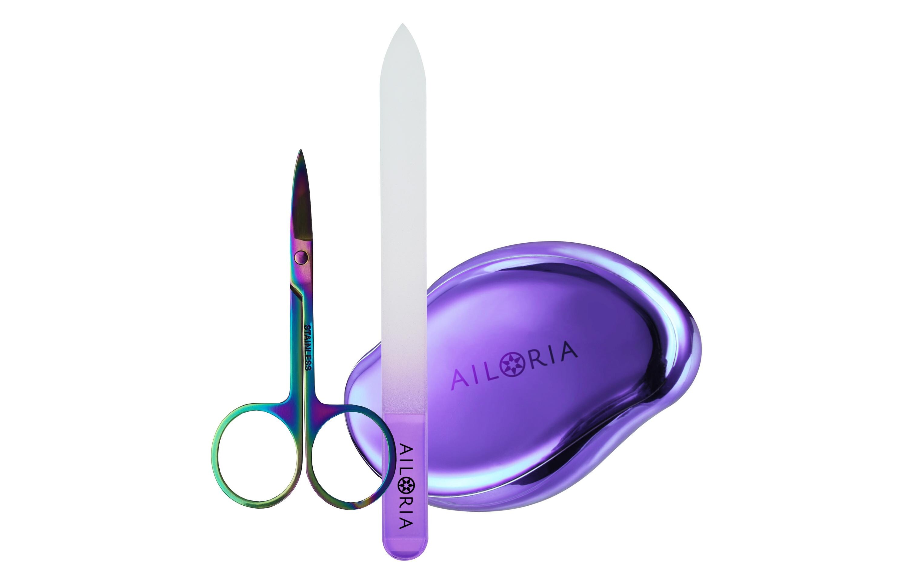 Hornhautentferner Doucette Set ViolettHornhautentferner mit Glasnagelfeile und Nagelschere