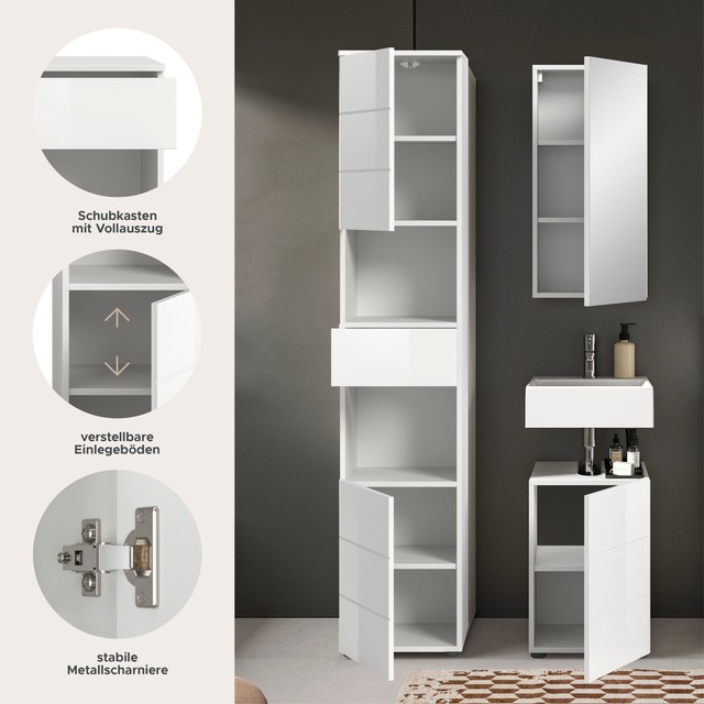 welltime Badmöbel-Set »Biel, Höhe 190 cm, Hochschrank, Unterschrank, Spiegelschrank« 3 Stk. tlg.