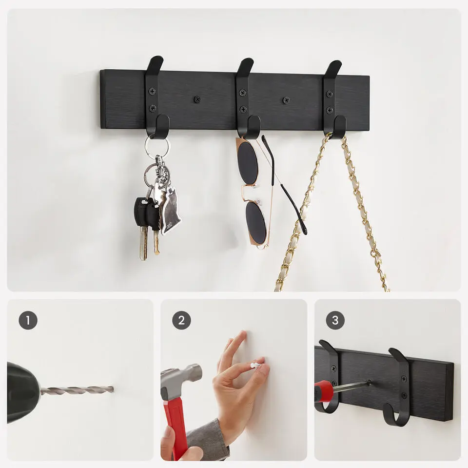 Wandkapstok met 6 Haken - compacte houten Muurkapstok - Zwart