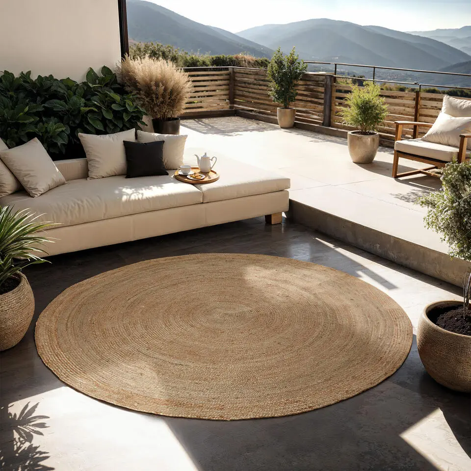tectake® Handgeweven tapijt Glim van jute, boho-stijl, rond Ø 200 cm