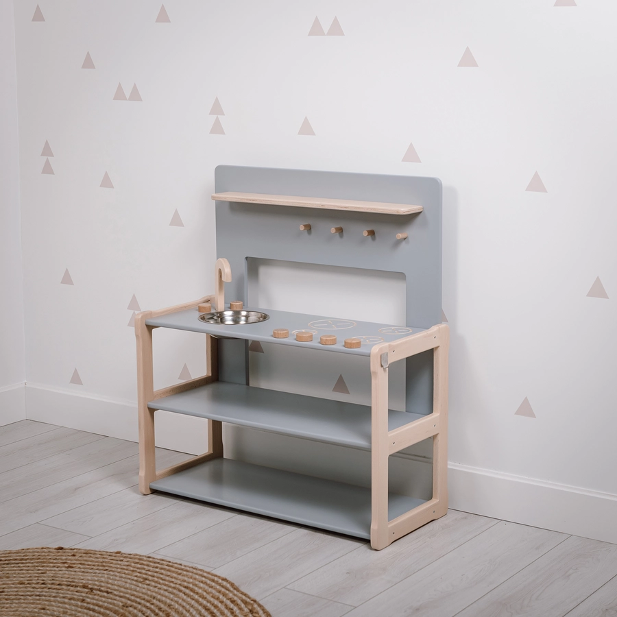 Montessori® Kinderkueche aus Holz - multifunktional - grau Montessori® Kindermöbel mehrfarbig