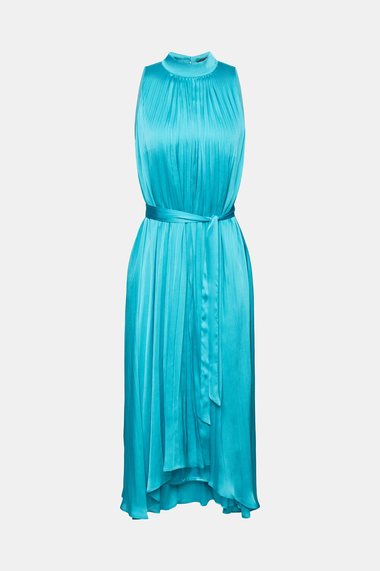Vestido midi plissado sem mangas em cetim - Turquesa