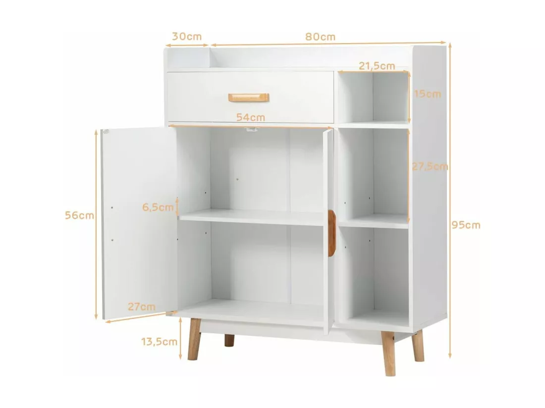 Meuble de Rangement avec 1 Tiroir, 2 Portes, 3 Etagères et 4 Pieds, Armoire à Deux Portes, 3 étagères, Buffet Multifonctionnel, Pieds en Bois