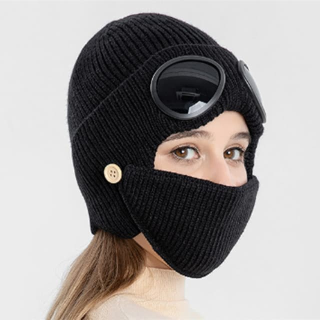Strikket hue med briller og maske Sort
