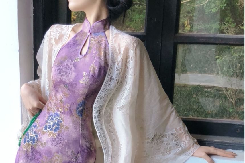 Vensazco - Traditionele Chinese halterhalskraag met bloemenprint, uitsparing en split, maxi-mantel, qipao
