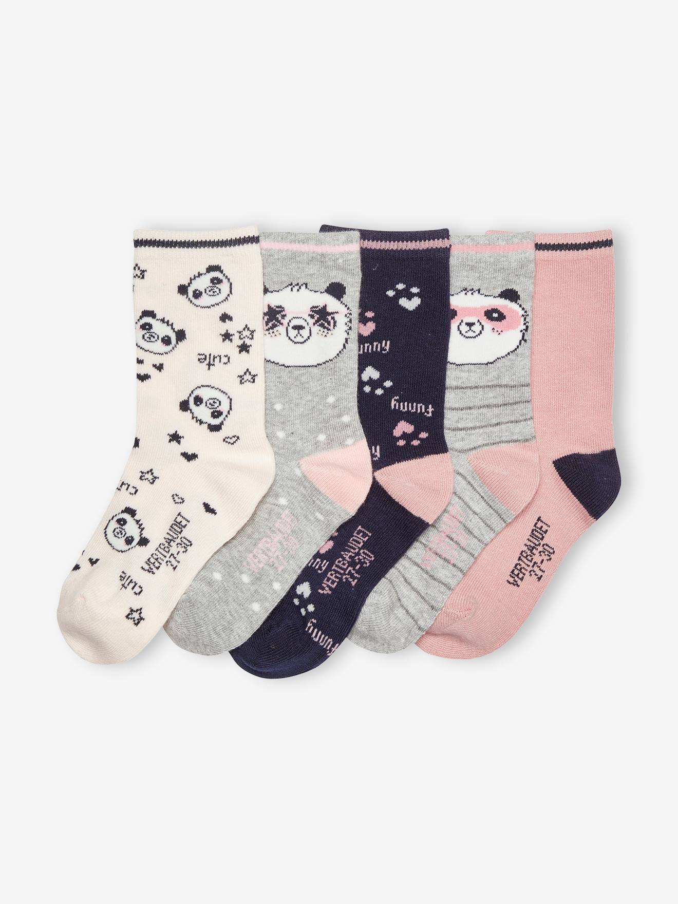 Pacote com 5 pares de meias de panda para meninas, em dois tons de roxo escuro/multicoloridas.