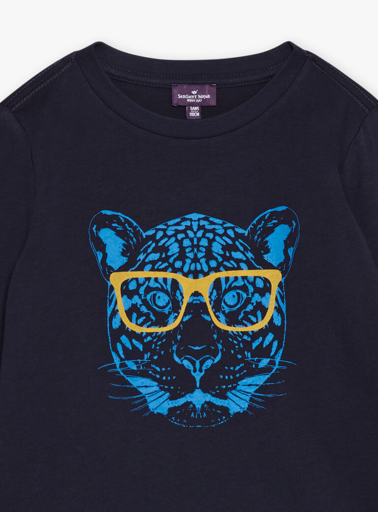 T-shirt bleu marine à motif tête de tigre