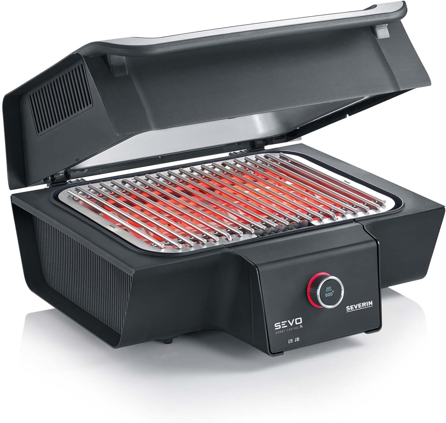 SEVERIN SEVO SMART CONTROL GT Elektrogrill mit App-Steuerung und Deckel, elektrischer Tischgrill, in 10 min bis 500°C, OLED-Display, für innen und außen, 3.000 W, Edelstahl/Schwarz, PG 8138