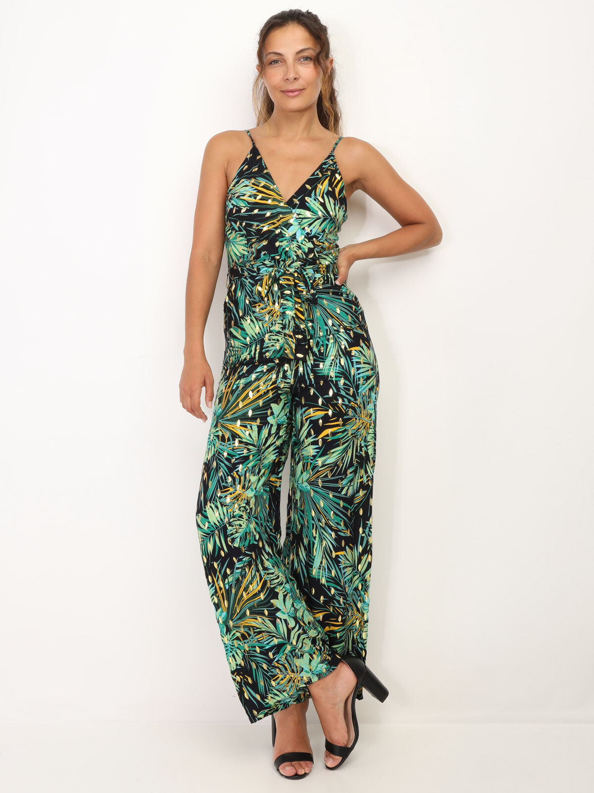 Combinaison à motif tropical et détails dorés- Noir