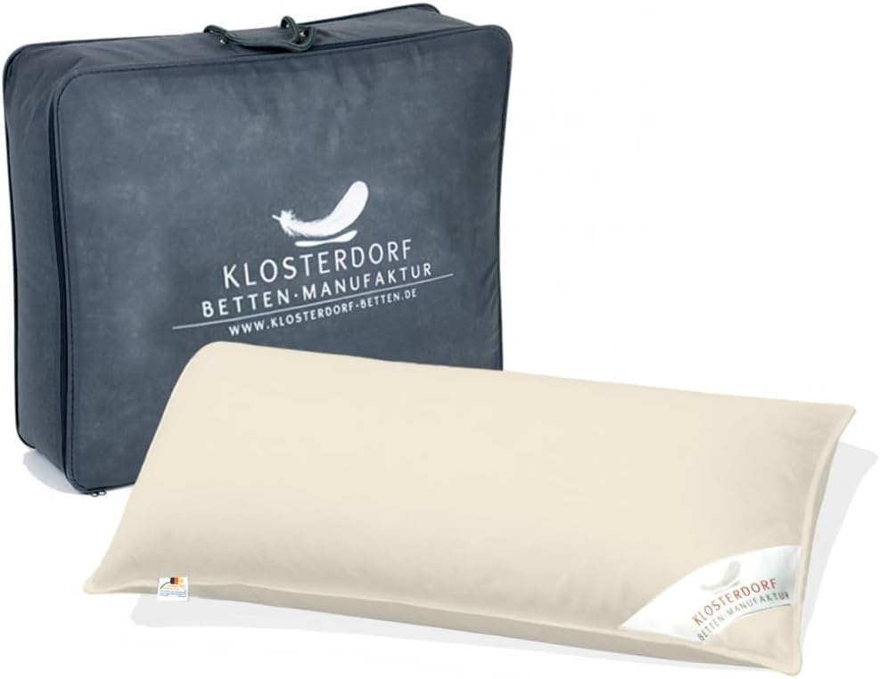 Klosterdorf Bettenmanufaktur Premium Bio Dreikammer Kopfkissen ''nobel'' - 40x80 cm - 500 Gramm - Handarbeit aus Deutschland - Für einen gesunden Schlaf - Daunenkopfkissen Daunenkissen Dreikammer