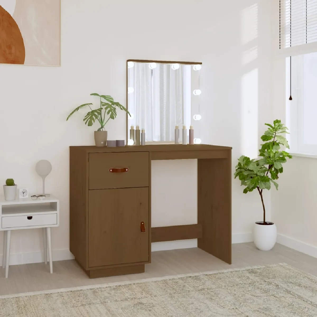 vidaXL Coiffeuse avec LED - Marron miel