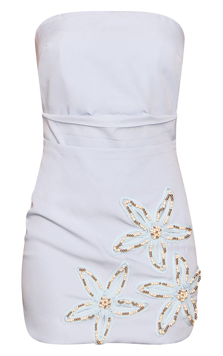 Bleu Robe Mini Bustier Tissée À Fleurs Perlées