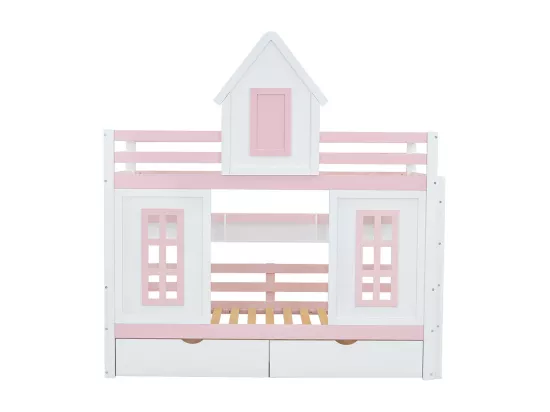 Lit superposé 90x200 cm Lit de princesse lit d'enfant avec toit et fenêtre garde-corps stable Deux tiroirs avec roulettes Blanc+Rose