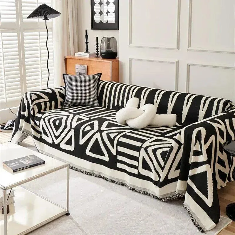 Boho Chenille Pattern Throw Blanket with Tassel | Simple Nordic Jacquard Reversible Double Sided Sofa Cover