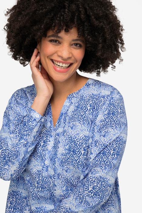 Bluse, Alloverdruck, Tunika-Ausschnitt, Langarm