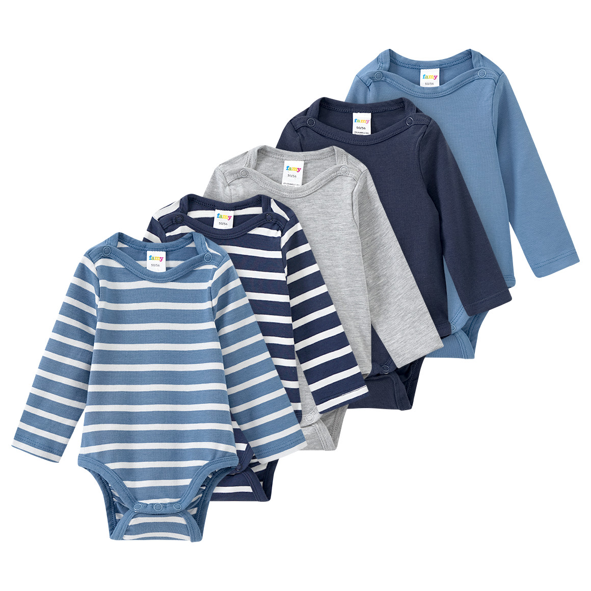 Famy 5 Baby Bodys mit Bio-Baumwolle blau / dunkelblau / weiss