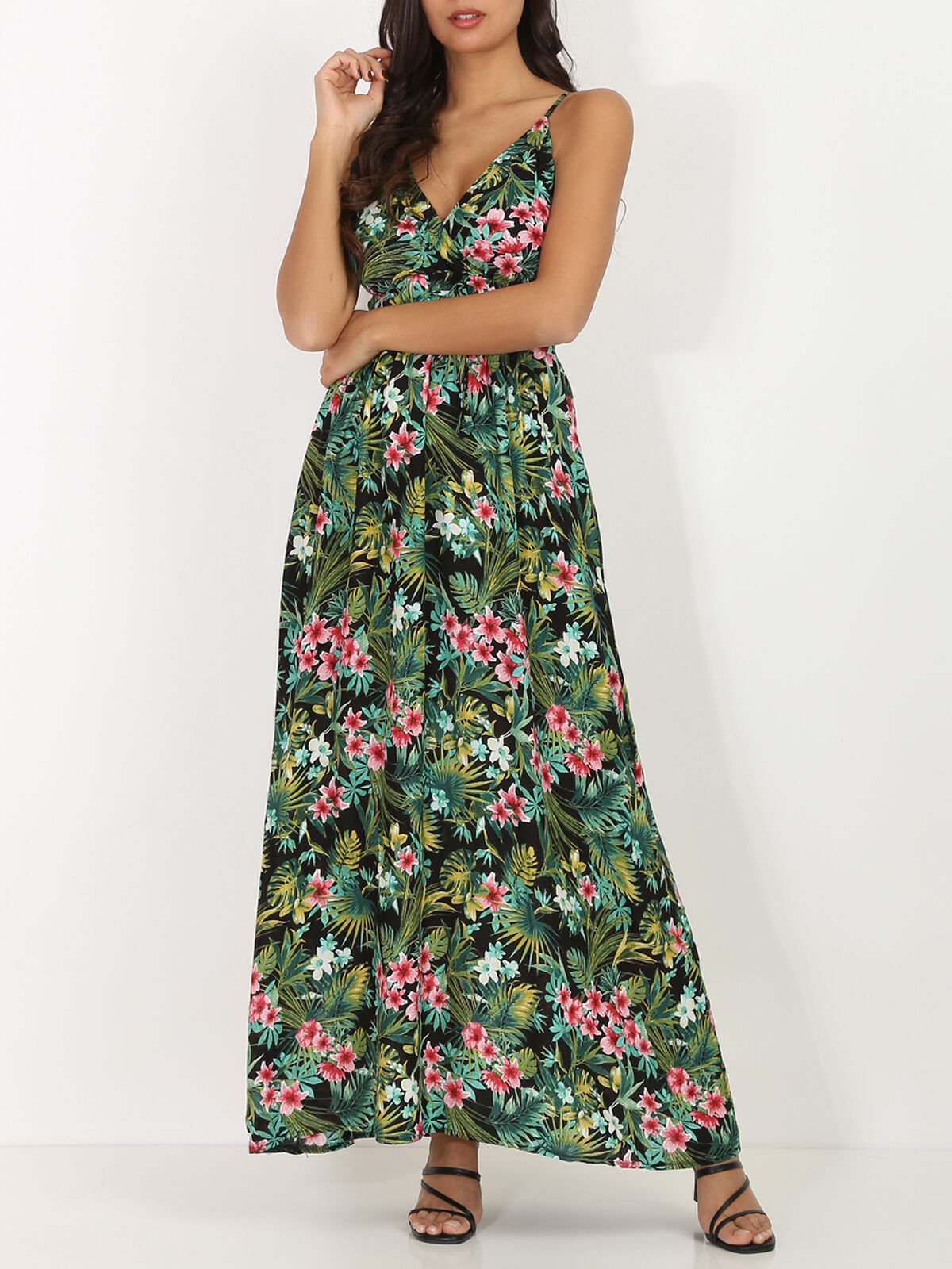 Robe longue à bretelles et motif tropical- Noir