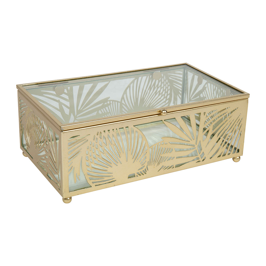 Boite à bijoux verre et métal motif jungle doré 19x12x7.5cm