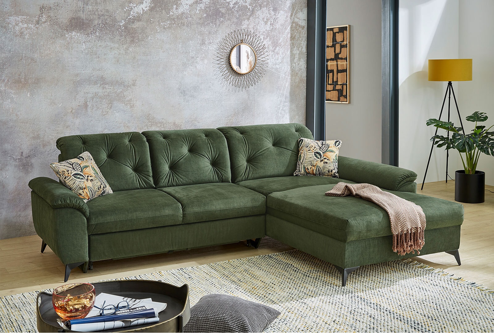 Ecksofa Studio, Stoffbezug dunkelgrün, ca. 280 x 202 cm