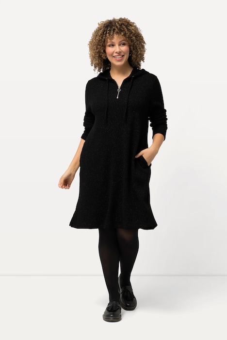 Sweat-Midikleid, Waffelstruktur, Glitter, Kapuze, Langarm