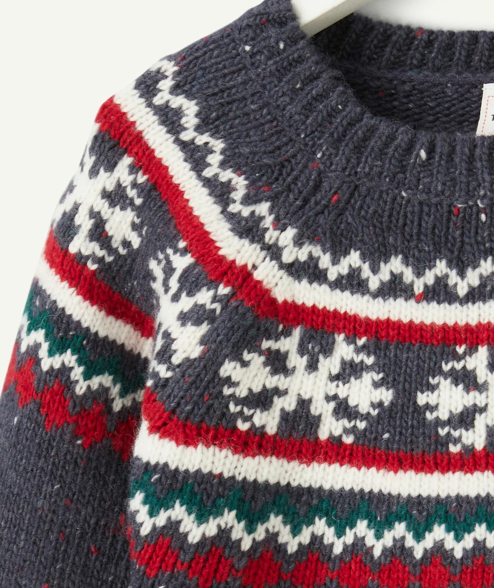 PULL DE NOËL GARÇON EN TRICOT JACQUARD BLEU MARINE MOUCHETÉ