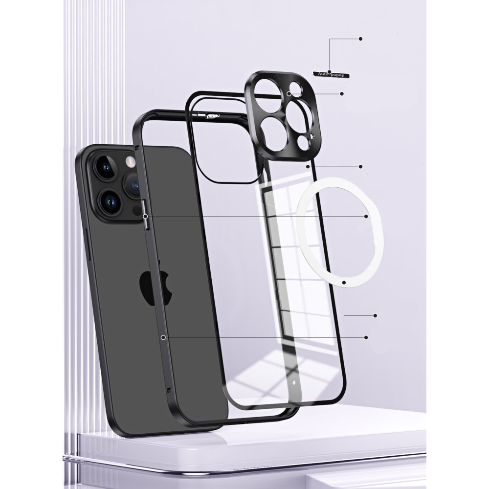 iPhone 14 Pro MagSafe Alu Schutzhülle mit Panzer Glas Backcover   Kameraschutz - Dunkellila (Deep Purple)