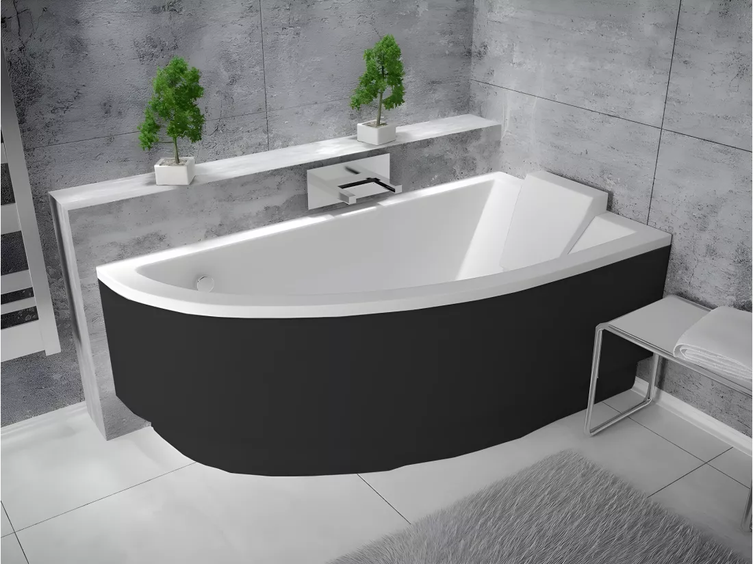 Baignoire asymétrique + tablier noir + repose tête - PRAKTIKA - 150 x 70 cm - Droite