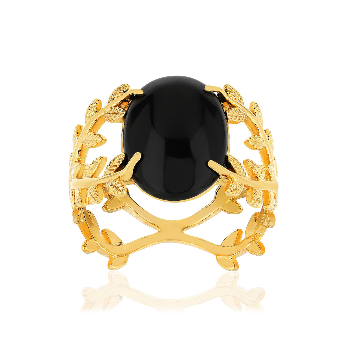 Bague plaqué or feuillage agate noire ovale