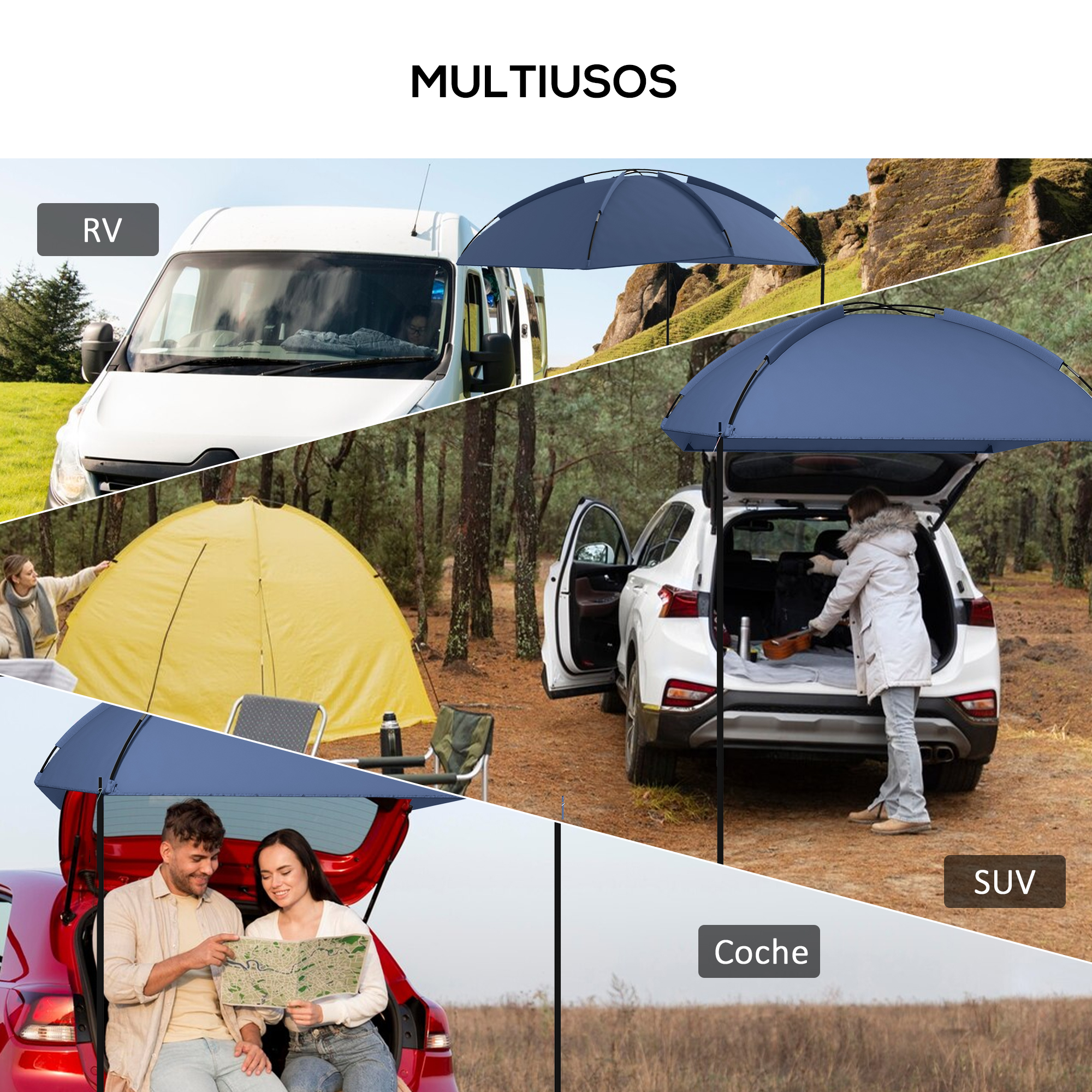 Toldo para carro Outsunny, toldo de camping com altura ajustável e bolsa de transporte, impermeável, resistente a raios UV, para piquenique e praia, 290x278x230-260 cm, azul escuro