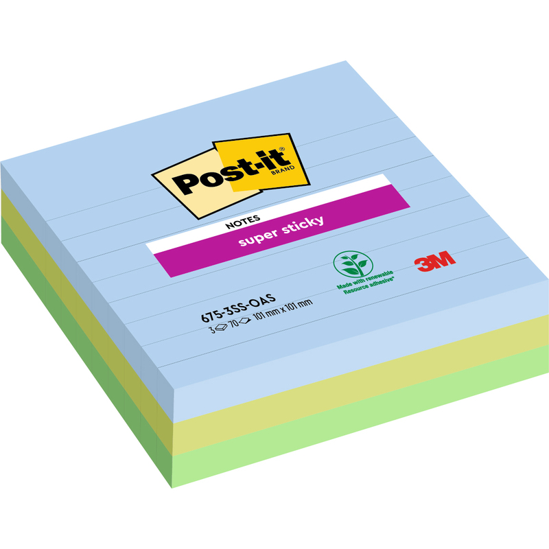Post-it Haftnotizen Super Sticky Oasis, liniert, 101 x 101 mm, 3 x 70 Blatt