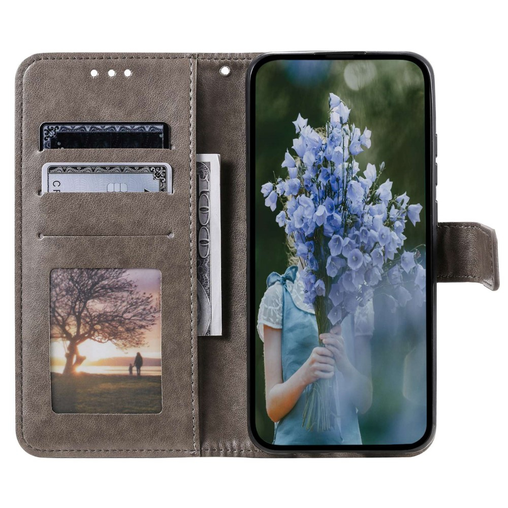 Samsung Galaxy S23 5G Leder Tasche Wallet - Mandala Flowers Imprint - Grau