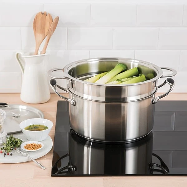 Lot panier vapeur multidiamètre et couvercle en verre Excell'Inox 24 c