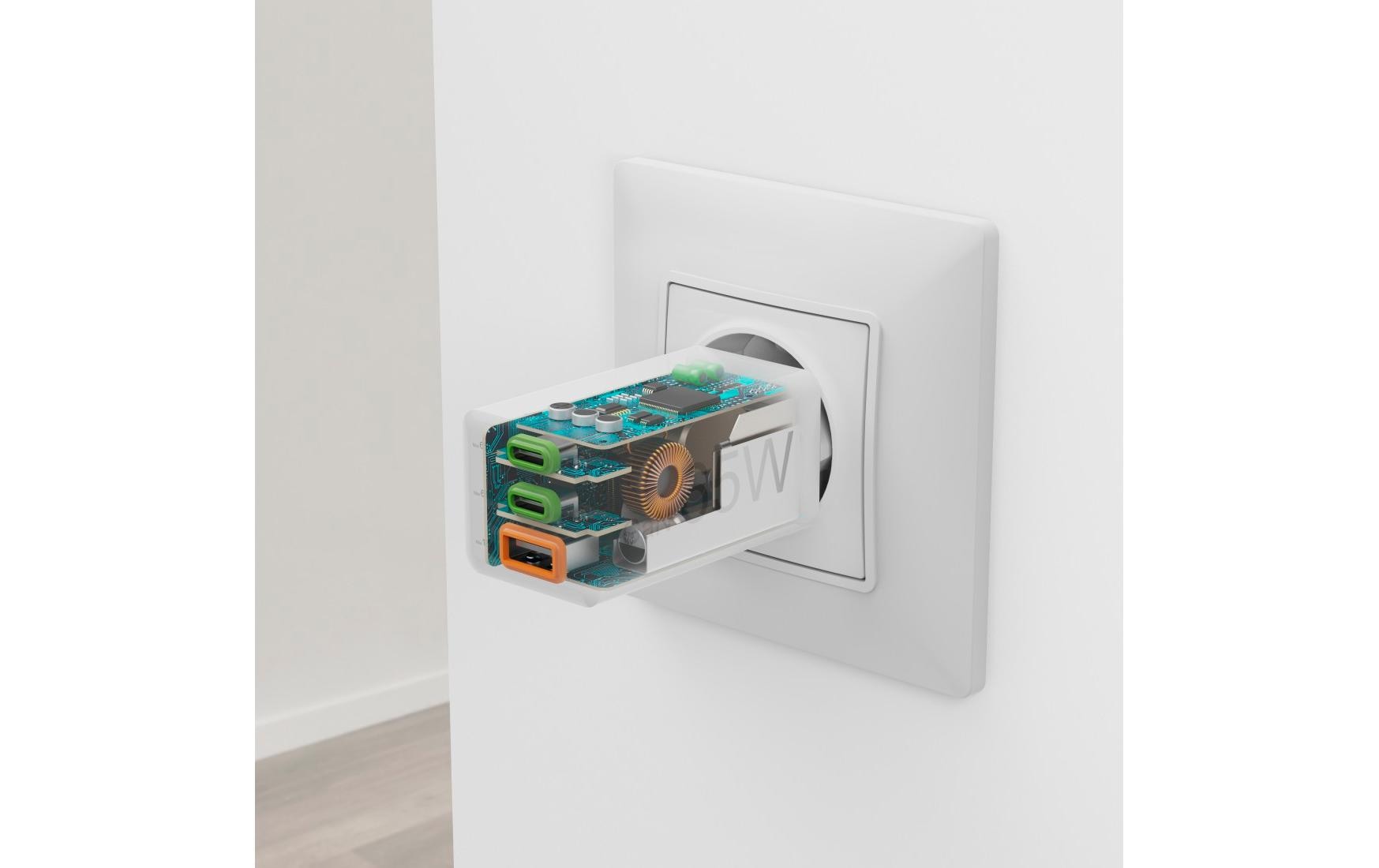 USB-Wandladegerät Gan charger 2x USB-A USB-C 65 W WeissSchnellladegerät mit 1x USB-C und 2x USB-A