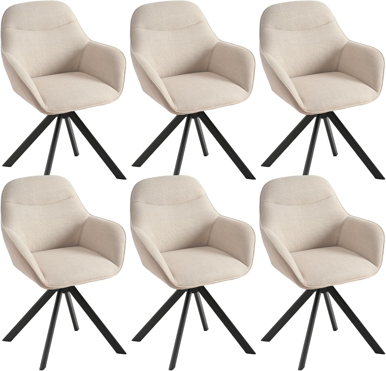 Drehstuhl Esszimmer Beige mit Armlehne, 6er Set Esszimmerstühle drehbar, Armlehnstuhl, Küchenstuhl, Polsterstuhl aus Polyester mit Metallbeine und Rückenlehne für Esszimmer Küche Büro